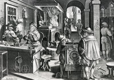 O ferro relógios, a placa 5 &39;de Nova Reperta&39; gravada pela Philips Galle, c.1580-1605 de Jan van der Straet
