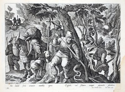 Caçadores usam lanças ou armas carregadas com chumbo para caçar javalis de montanha, ilustração de &39;Venationes, Ferarum, Avium, Piscium&39; (de caça: feras, pássaros, peixes), gravada por Jan Collaert (1566-1628), de Jan van der Straet