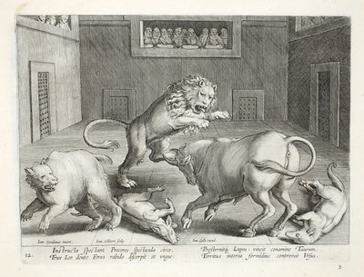 Nobres assistem ao combate de feras em um circo indoor, ilustração de "Venationes, Ferarum, Avium, Piscium" (de caça: feras, pássaros, peixes), gravada por Jan Collaert (1566-1628), pub. por de Jan van der Straet