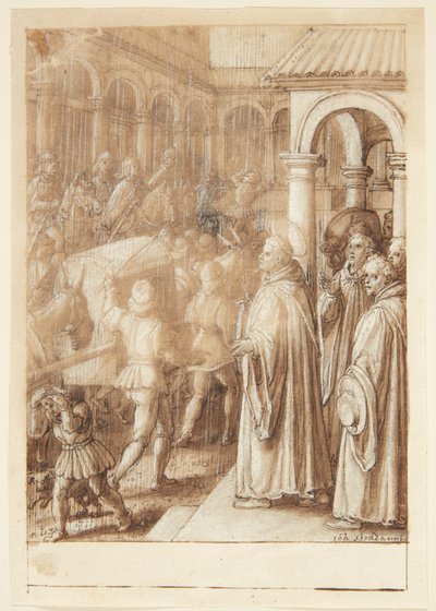 História de S. Giovanni Alberti Fiorentino. Na praça, o santo acusa os bispos de Florença de simonia(?) de Jan van der Straet