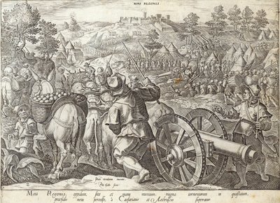 A Batalha de Mons Regionis, placa de "A História dos Medici", gravada por Philip Galle (1537-1612), c.1583 de Jan van der Straet