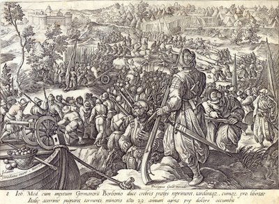 A Morte de Giovanni de &39;Medici in Battle, placa 8 de&39; A História dos Medici &39;, gravada por Hendrick Goltzius (1558-1617), c.1583 de Jan van der Straet