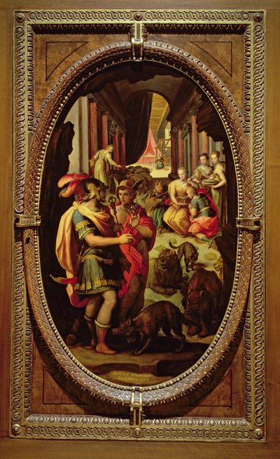 Ulisses, Mercúrio e Circe, 1570 (óleo sobre ardósia) de Jan van der Straet