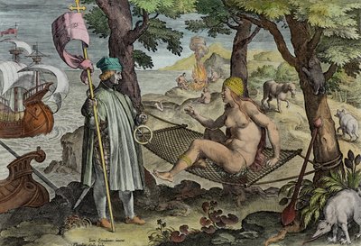 Vespucci Discovering America, prato 2 de &39;Nova Reperta&39; (Novas Descobertas) gravado por Theodor Galle (1571-1633) c.1600 (posterior coloração) de Jan van der Straet