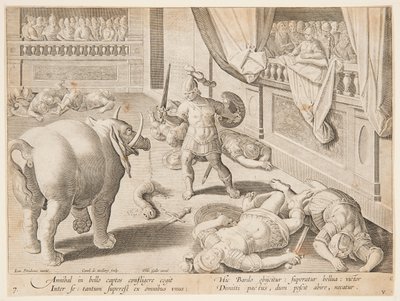 Um soldado romano lutando contra um dos elefantes de Hannibal, pl. 7 na série Venationes Ferarum, Avium, Piscium de Jan van der Straet, called Stradanus