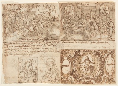 Acima, à esquerda: paisagem arborizada com Elias despertado e nutrido por um anjo no monte Horebe (1 Reis 19:5-6); Acima à direita: O banquete do rei Assuero (Ester 1: 1-6)