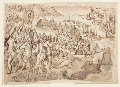 Conquista das Ilhas Filipinas, projeto preliminar para pintura grisille realizado pelo filho de Stradanus Scipione, para os exéquias em memória de Filipe II de Espanha, realizada em San Lorenzo, em Florença, em 12 de novembro de 1598 de Jan van der Straet, called Stradanus
