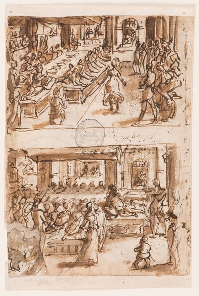 Dança de Salomé; Verso, acima: interpretação de Daniel do segundo sonho do rei Nabucodonosor, projeto preliminar para "Spiritus Consilii" (O Espírito do Conselho), placa 3 da série impressa "Os Sete Dons do Espírito Santo"; Verso, abaixo: Duas ovais, o de Jan van der Straet, called Stradanus