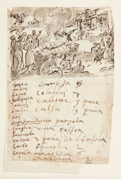 Morte da Mulher de Sestos, da História Natural de Plínio, Livro 10, cap. 6; abaixo: inscrição listando animais apresentados em uma série de imagens de caça e lista de itens de vestuário de Jan van der Straet, called Stradanus