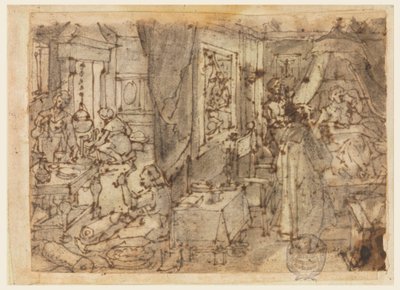 Descoberta de Guaiacum como uma cura para doenças venéreas, design para "Hyacum et lues venerea", placa 6 na série de impressão Nova Reperta (New Inventions of Modern Times) de Jan van der Straet, called Stradanus