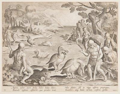 Índios Pegando Peixes com a Ajuda de Pelicanos, placa 23 da série Jogo de Caça, Aves e Peixes de Jan van der Straet, called Stradanus