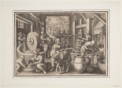 Oleum Olivarum (A Produção de Azeite), placa 12 na Nova Reperta (Novas Invenções dos Tempos Modernos) de Jan van der Straet, called Stradanus