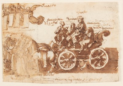 Página de um caderno de desenho; Carruagem e três cavalos de Jan van der Straet, called Stradanus