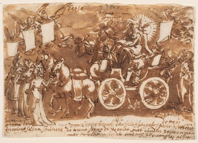Página de um caderno de desenho; Carruagem e três cavalos de Jan van der Straet, called Stradanus