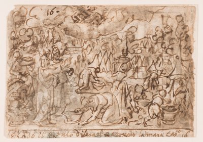 Página de um caderno de desenho; Êxodo - coleta de maná; Sacrifício de Jan van der Straet, called Stradanus