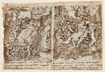 Página de um caderno de desenho; Poderes celestiais ajudando piedosos; Esboço para retrato de santo; Decoração do frontão de Jan van der Straet, called Stradanus