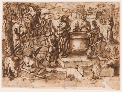 Página de um caderno de desenho; Moisés e as filhas de Jetro de Jan van der Straet, called Stradanus