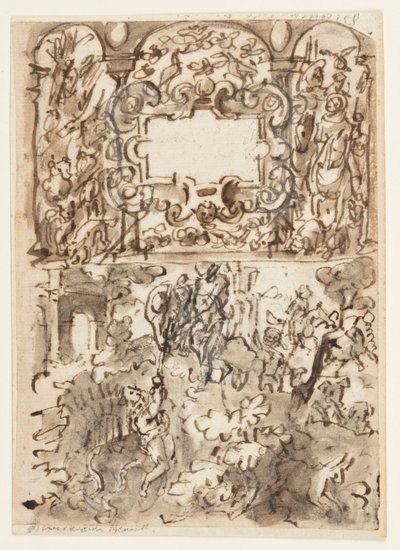 Página de um caderno de desenho; Folha de rosto para série de gravuras sobre caça; Acidente de um caçador de Jan van der Straet, called Stradanus