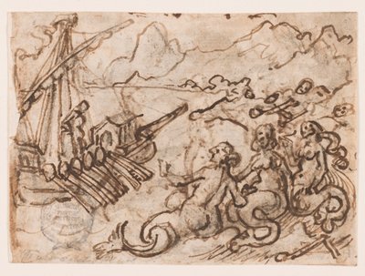 Página de um caderno de desenho: Ulisses passa as sereias (reto); Ulisses no submundo (verso) de Jan van der Straet, called Stradanus