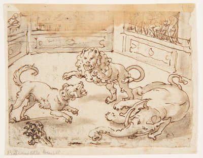 Reto: Alexandre, o Grande, assistindo a uma luta entre seu cão, elefante e leão; Verso: Verso: inscrição relativa à História Natural de Plínio, o Velho, Livro 8, cap. 61 de Jan van der Straet, called Stradanus