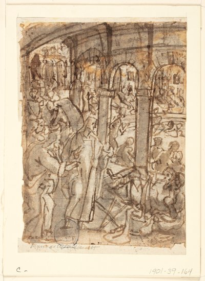 Reto: Cristo curando paralíticos perto do tanque de Betesda; Verso, acima: Mercúrio, patrono dos viajantes; Verso, abaixo: estudos de um homem perto de uma porta aberta de Jan van der Straet, called Stradanus