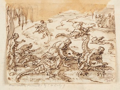 Recto: Caça ao Crocodilo em Tentyra, no Egipto; Verso: inscrição relativa à História Natural de Plínio, o Velho, Livro 7, cap. 38 de Jan van der Straet, called Stradanus
