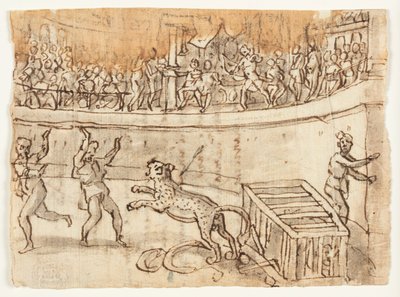Direita: Imperador Commodus matando um leopardo Verso: Esboço de Luigi Alamanni, e inscrição em sua mão relativa à Historiae de Herodiano, I, 15, 6-7 de Jan van der Straet, called Stradanus