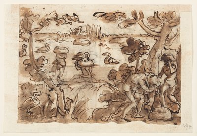 Reto: Caçando Patos Usando Abóboras nas Índias Ocidentais; Verso, acima: Caça ao Crocodilo no Nilo; Verso, abaixo: caçando tigres usando armadilhas e espelhos de Jan van der Straet, called Stradanus