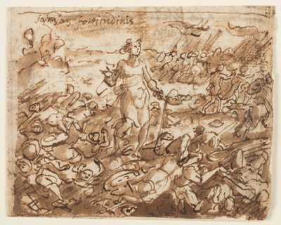 Reto: Sansão, tendo derrotado os filisteus, bebe água da mandíbula de um jumento, projeto preliminar para "Spiritus Fortitudines" (O Espírito da Força), placa 4 da série impressa "Os Sete Dons do Espírito Santo". Verso: inscrição obscurecida de Jan van der Straet, called Stradanus