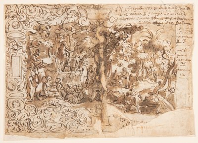 Reto: Desenho de tapeçaria com a Pregação de João Batista (ou Cristo entre os espectadores); Verso: inscrição de Jan van der Straet, called Stradanus