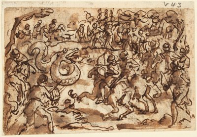 Reto: O cônsul romano Attilius Regulus lutando contra uma serpente gigante africana, da História Natural de Plínio, Livro 8, cap. 14; Verso: Ptyolomy pegando uma serpente gigante com uma rede, de Diodorus Siculus, Bibliotheca Historica III, 37 de Jan van der Straet, called Stradanus