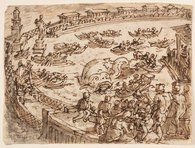 Reto: Caça à Baleia pelo Imperador Cláudio no porto de Ostia; Verso: inscrição relativa à História Natural de Plínio, o Velho, Livro 9, cap. 5 de Jan van der Straet, called Stradanus