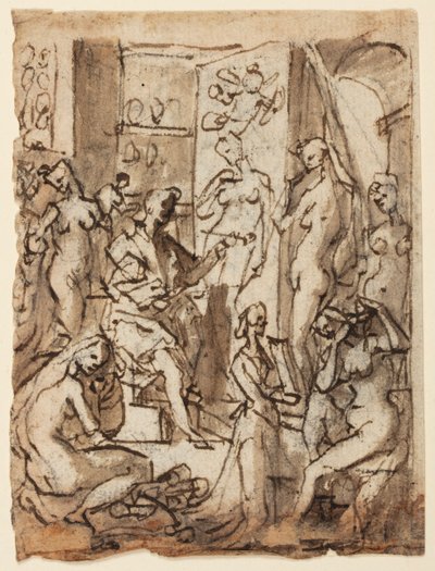 Reto: Zeuxis pintando Helena; Verso: Estudos de figuras para uma ilustração do oitavo círculo, décima bolgia do Inferno de Dante (Falsificadores: Mestre Adamo, Sinon de Tróia, Esposa de Potifar) de Jan van der Straet, called Stradanus