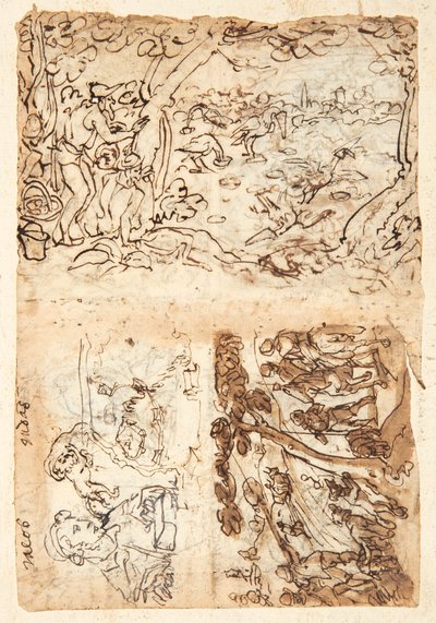 Reto, acima: Caça ao guindaste usando cones; Abaixo, à esquerda: Jacob, meia figura; leão com uma venda na cabeça; mapa de uma fortificação; Abaixo à direita: Fox Hunt. Verso, acima à esquerda: Starling Hunt; abaixo, à esquerda: caça ao leão com tochas e r de Jan van der Straet, called Stradanus