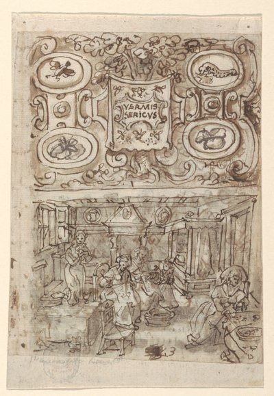 Reto, acima: Projeto preliminar para a página de rosto para a série impressa Vermis Sericus ("A introdução do bicho-da-seda"); Reto, abaixo: Projeto Preliminar para pl. 3 (A incubação de ovos de bicho-da-seda); Verso, acima: Projeto Preliminar Incompleto p de Jan van der Straet, called Stradanus