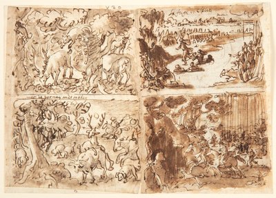 Reto, acima à esquerda: Cervo atacado por um lince; acima à direita: Cloelia e seus Companheiros escapam do Acampamento de Porsena; abaixo à direita: Mulheres Caçando; abaixo à esquerda: Deer Hunt, com um Stag escondendo seu cheiro. Verso: Dois bustos de m de Jan van der Straet, called Stradanus