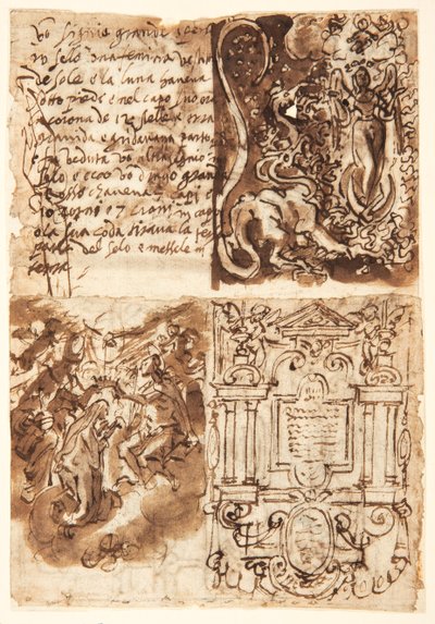 Reto, acima à esquerda: Passagem sobre a Mulher do Apocalipse, do Livro do Apocalipse; Reto, acima à direita: Mulher do Apocalipse; Reto, abaixo à esquerda: Frontispício para imprimir série da Vida da Virgem; Reto, abaixo à direita: Coroação dos Viri de Jan van der Straet, called Stradanus