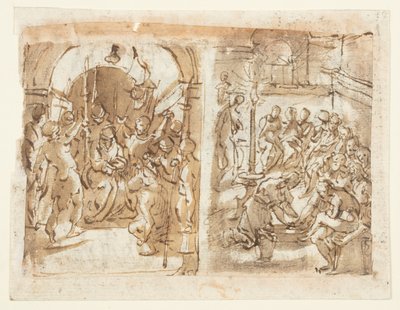 Reto, à esquerda: A zombaria de Cristo; Reto, à direita: Cristo lavando os pés dos apóstolos; Verso: Execução de Mary Stuart, Rainha da Escócia em 1587 de Jan van der Straet, called Stradanus