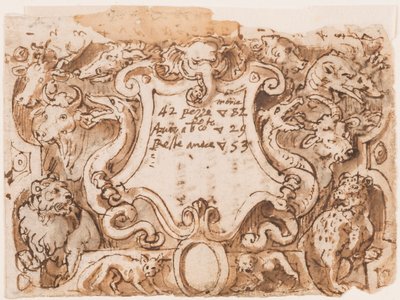 À direita: projeto preliminar para a página de rosto da série impressa Hunting of Wild Bears and Fish; Verso: notas de Stradanus sobre pagamentos a um alfaiate de Jan van der Straet, called Stradanus