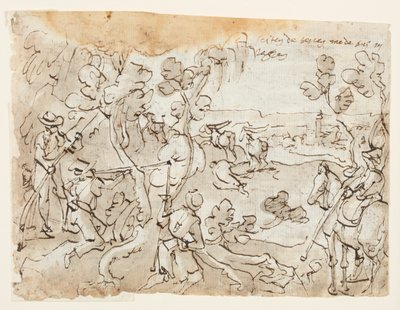Página de sketchbook com caça ao antílope de Jan van der Straet, called Stradanus