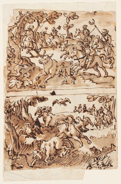Página de sketchbook com Bull Hunts de Jan van der Straet, called Stradanus