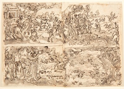 Página de caderno com quatro cenas de caça de Jan van der Straet, called Stradanus