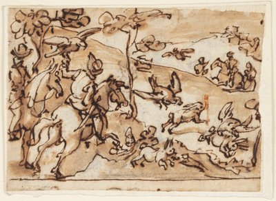 Página de sketchbook com Hare Hunt e Falcons de Jan van der Straet, called Stradanus