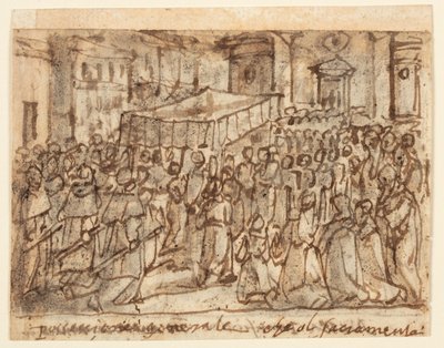 Página do Sketchbook com Procissão com a Hóstia e Missa Pontifícia de Jan van der Straet, called Stradanus