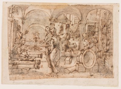 A Invenção da Pólvora, projeto para "Pulvis Pyrius", pl. 3 na série de impressão Nova Reperta (New Inventions of Modern Times) de Jan van der Straet, called Stradanus