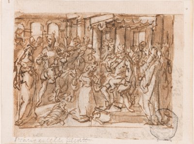 O Julgamento de Salomão, projeto preliminar para "Spiritus Sapientiae" (O Espírito da Sabedoria), placa 1 na série de impressão "Sete Dons do Espírito Santo" de Jan van der Straet, called Stradanus