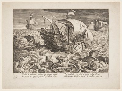 Três navios cercados por monstros de Jan van der Straet, called Stradanus
