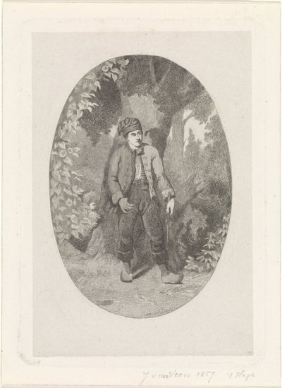 O homem perto de uma árvore numa floresta de Jan van der Veen (prentmaker)