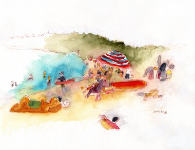 Banhistas e surfistas na praia da Baía de Hanalei, c.2019 (aguarela e lápis sobre papel) de Janel Bragg