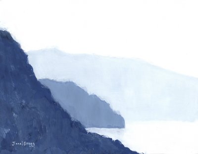 Cap Sante com a Ilha do Chapéu e o sopé das montanhas, c.2021 (caseína sobre papel) de Janel Bragg